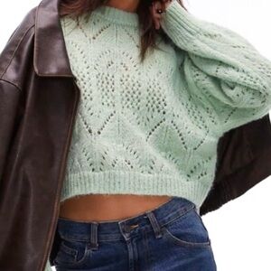 NWT, Topshop Women’s Knitted Crop Pointelle Sweater in Light Green, Size XS/S